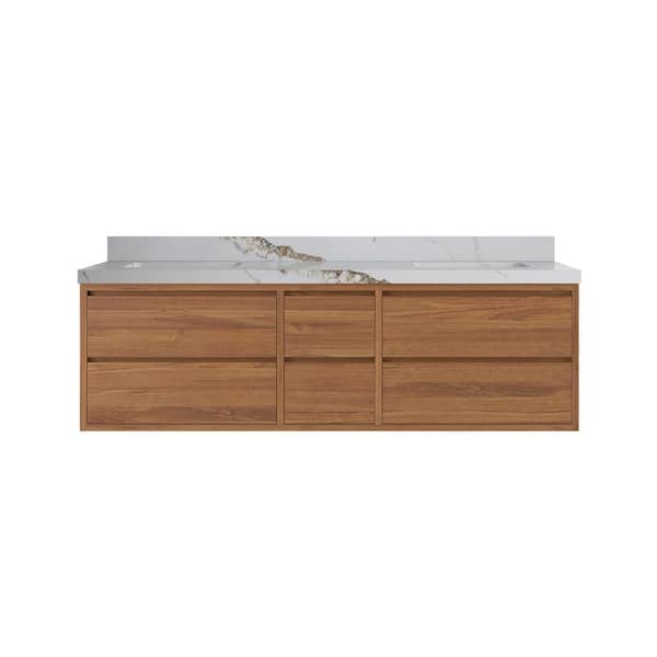 Willow Collections Madison Float 72 in. W x 22 in. D x 36 in. H Double Sink Bath Vanity in Dark Natural with 2" Calacatta Gold Top