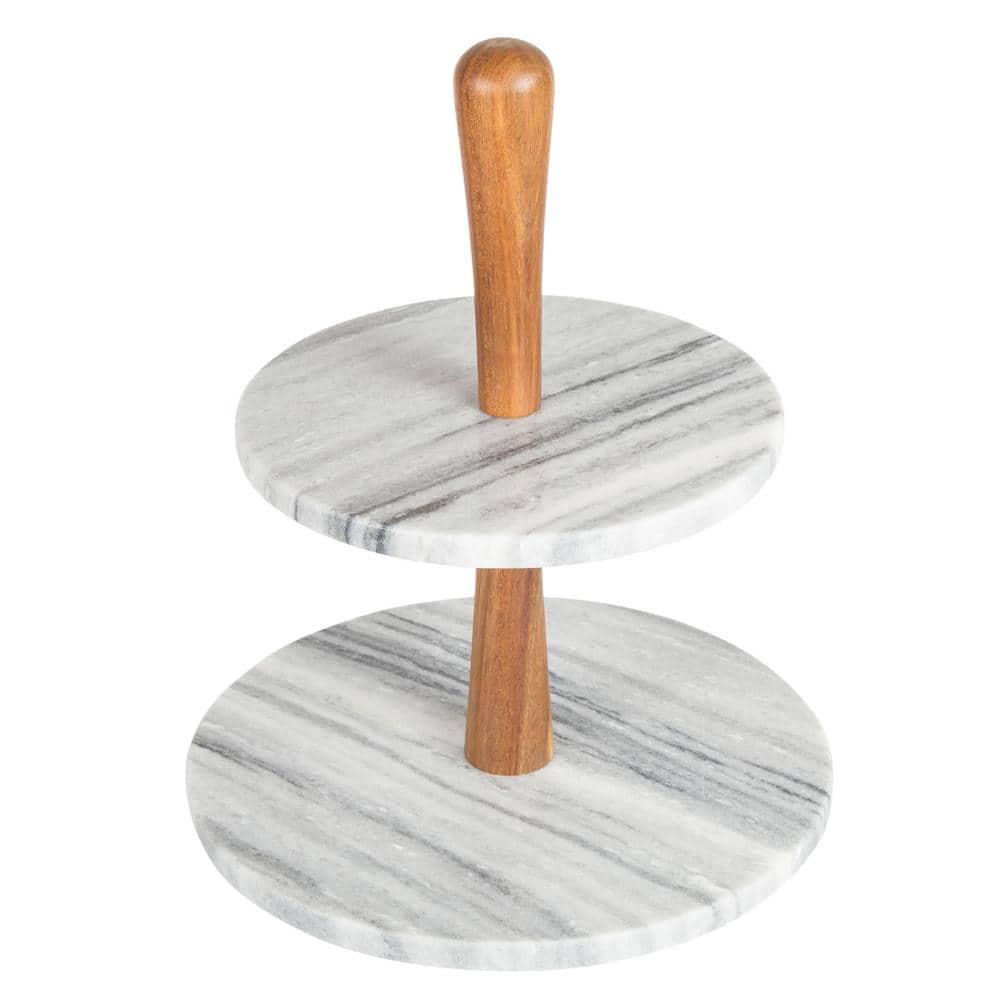 Gray Marble and Acacia Wood 2-Tier Round Cake Stand