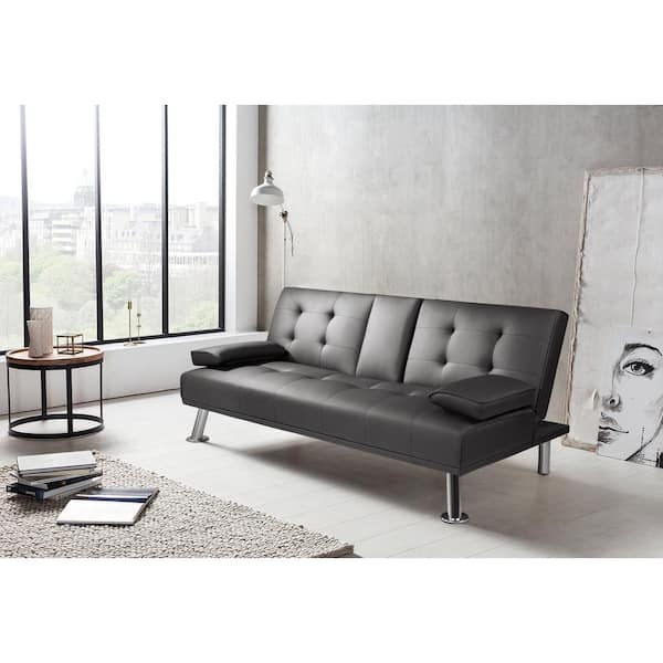 Homfa Upholstered Couch Sofa Bed, 66.3'' Folding Futon Sofa with Removable  Armrests and 2 Cup Holders for Living Room, Black 