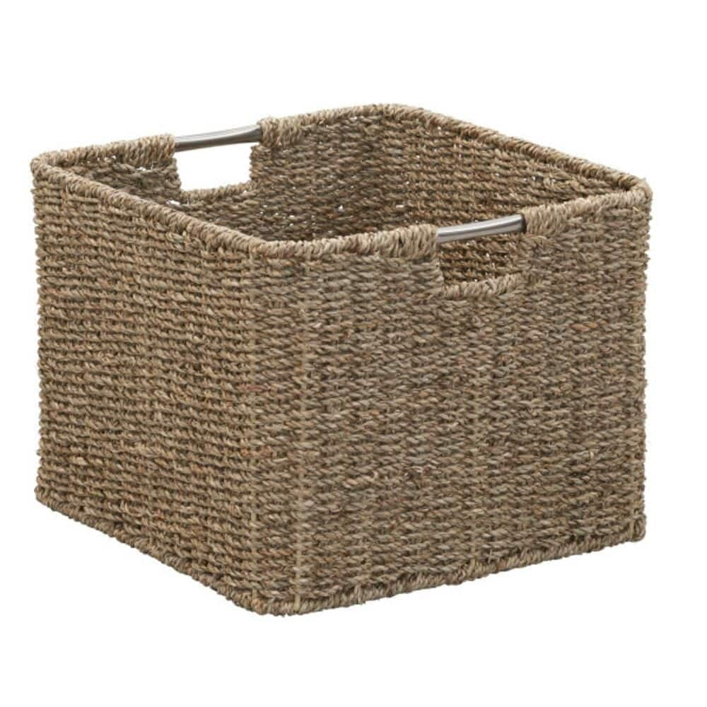 HOUSEHOLD ESSENTIALS Square Natural Decorative Seagrass Storage Basket with Stainless Steel Handles