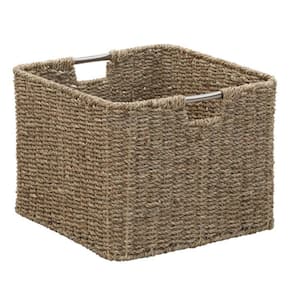Square Natural Decorative Seagrass Storage Basket with Stainless Steel Handles