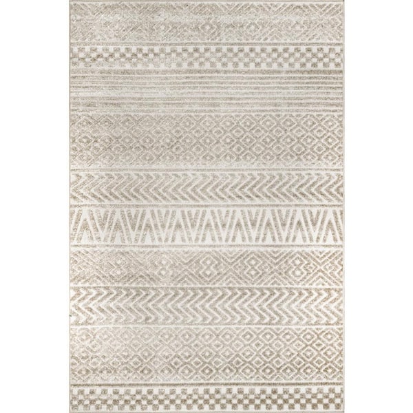 Kamryn Raised Tribal Bands Beige 9 ft. x 12 ft. Indoor/Outdoor Patio Area Rug