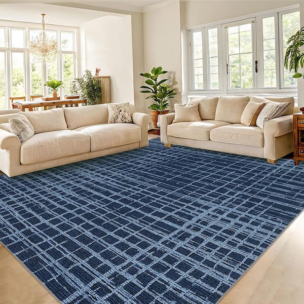 Blue 5 ft. x 7 ft. Anti-Slip Grid Print Rug Modern Machine