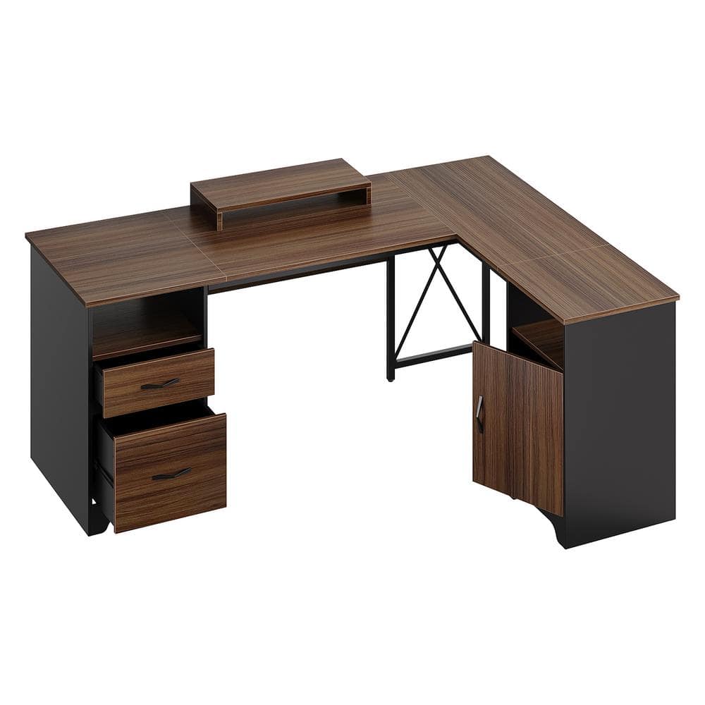 Cherry Wood L-Shaped Gaming Desk with Drawers and Keyboard Tray