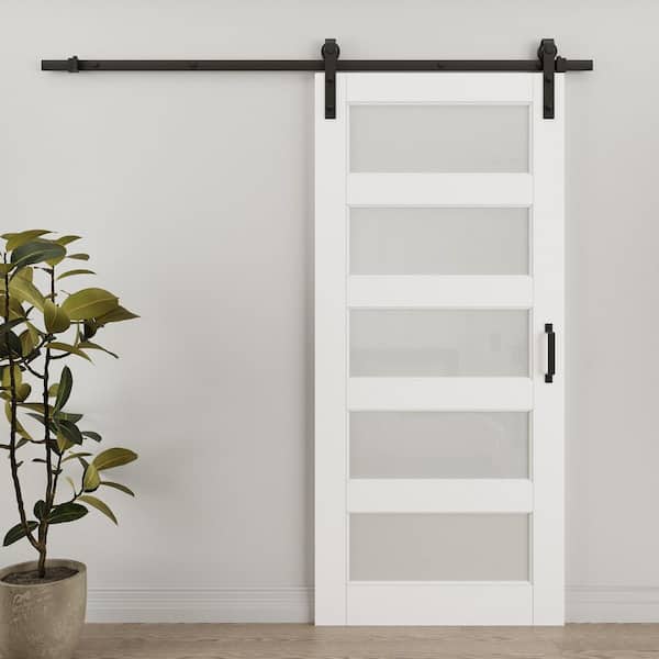 36 in. x 96 in. 5-Lite Tempered Frosted Glass White Primed MDF Composite Sliding Barn Door with Hardware Kit