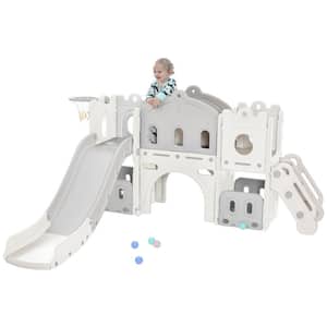 White Indoor/Outdoor Kids Climbers Playhouse with Slide and Basketball Hoop