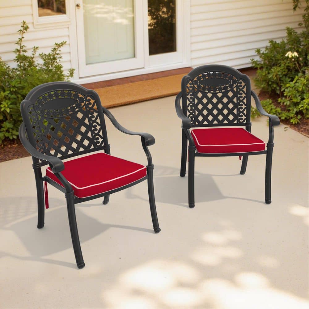 Black Cast Aluminum Stackable Outdoor Patio Dining Chairs with Red