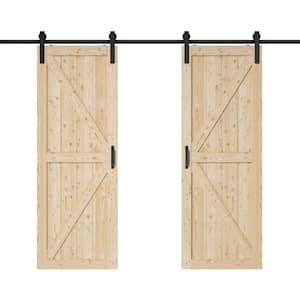 60 in. x 84 in. 2-Panel Pine Solid Wood Unfinished Double Sliding Barn Door Slab with Hardware Kit