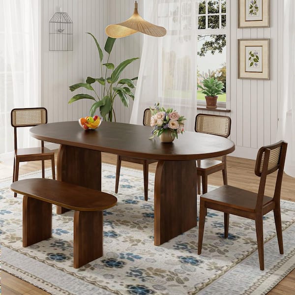 Eden 6 Piece Oval Brown Wood Top Dining Table Set Seats 6 with Bench and 4 Dining Chairs Modern Style Dining Room Set