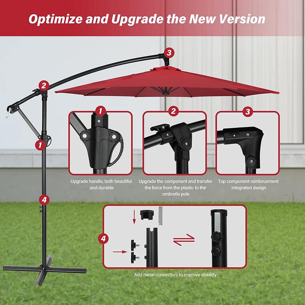 10 ft. Red Cantilever Metal Patio Umbrella with Crank Lift System