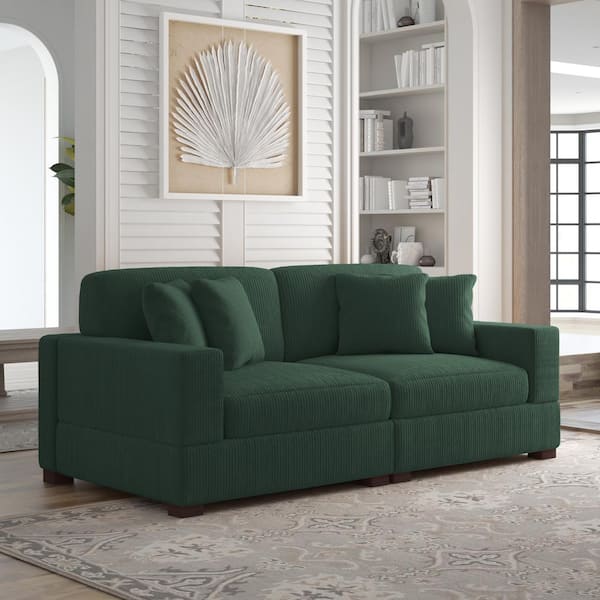 83 in. Square Arm Corduroy Fabric Rectangle Upholstered Sectional 2-Seats Sofa with Four Pillows in Hunter Green