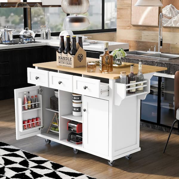 Cesicia White Rubberwood Drop-Leaf Countertop 53.1 in. Kitchen Island Cart with Cabinet Door Internal Storage Racks and 3-Drawer