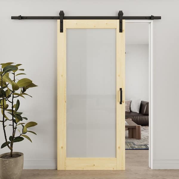 ARK DESIGN 36 in. x 80 in. 1-Lite Tempered Frosted Glass Unfinished Solid Core Pine Wood Sliding Barn Door with Hardware Kit