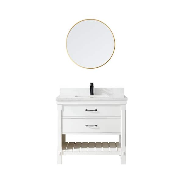 ROSWELL Valencia 36 in. W x 22 in. D x 33.9 in. H Single Sink Bath Vanity in White with White Stone Countertop and Mirror