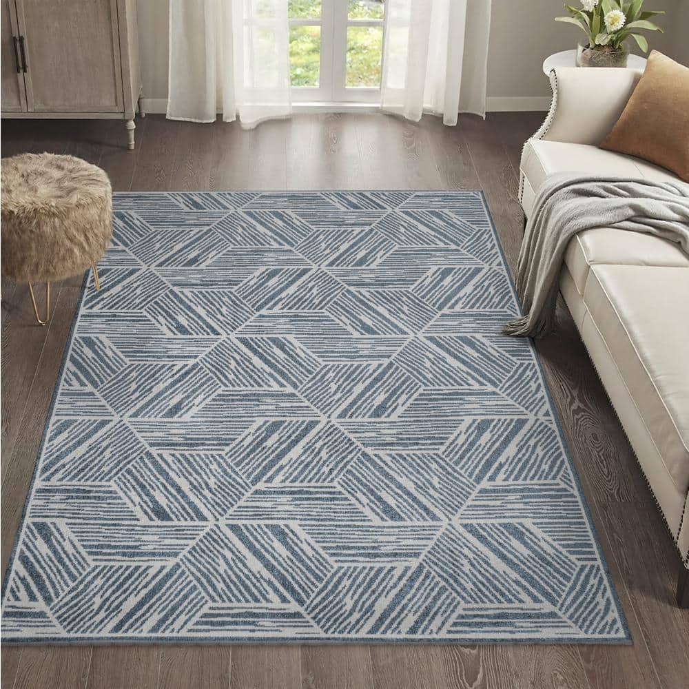 Blue and Cream Geometric Machine-Washable 4' x 6' Area Rug