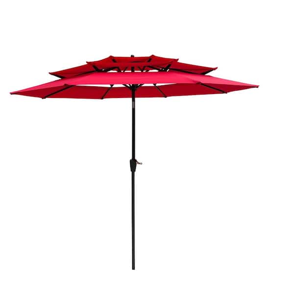 Cesicia 9 ft. 3-Tiers Metal Market Tilt Patio Umbrella in Red with Crank and Wind Vents