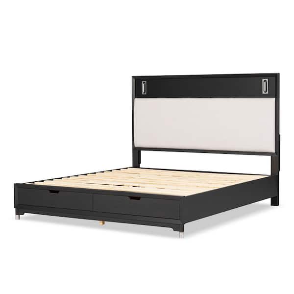 Forma Mid Century Black Wood Frame Queen Platform Bed with Reading Lights and 2-Storage Drawers