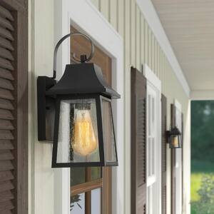 Black Outdoor Wall Lantern Sconce Ceno 9 in. 1-Light Modern Medium Outdoor Wall Light fixture with Seeded Glass Shade