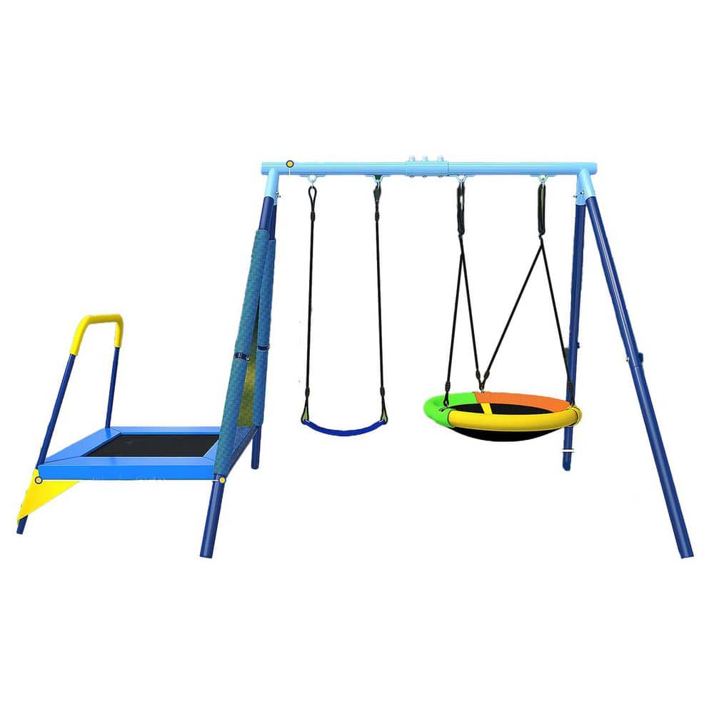 Heavy Duty Swing Set with Saucer Swing, Belt Seat and Trampoline, A-Frame Metal Stand for Outdoor Play price history on PriceWatchPro