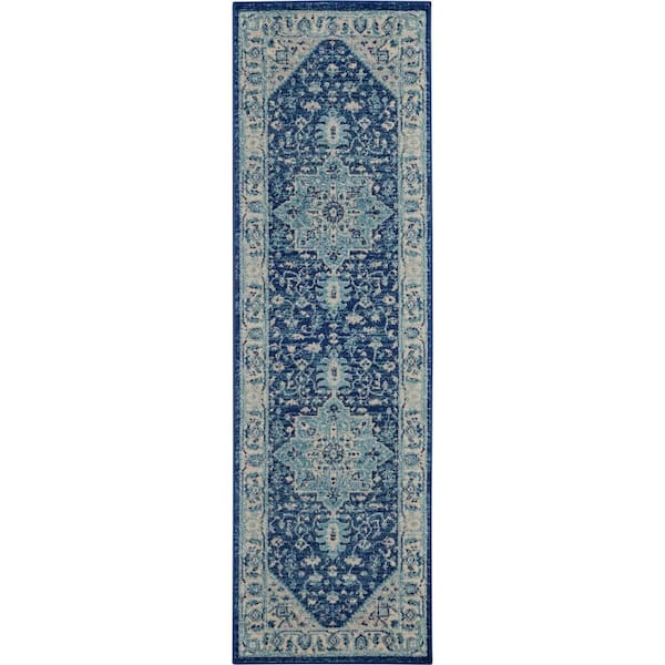 Tranquil Ivory/Navy 2 ft. x 7 ft. Persian Vintage Kitchen Runner Area Rug