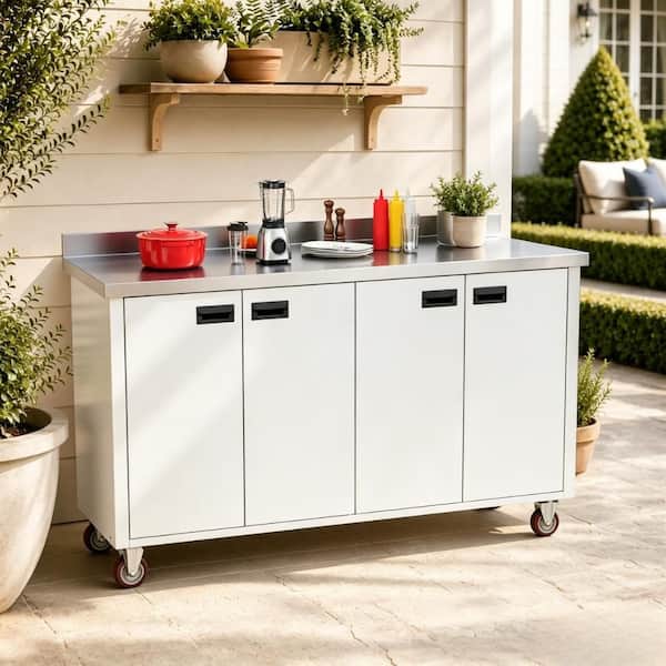 59 in. Silver Stainless Steel Kitchen Cart Kitchen Prep Table Rolling Storage Cabinet with Wheels and Backsplash
