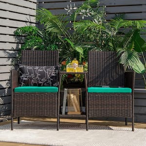 1-Piece Rattan Wicker Patio Conversation Set Sofa with Turquoise Cushions and Loveseat Glass Table