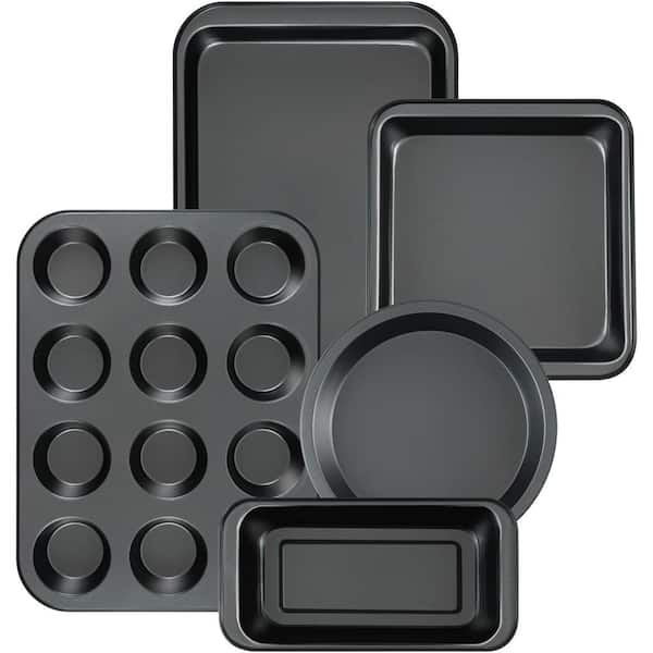 Adrinfly 5-Piece Black Bakeware Set with Round/Square Cake Pan, Muffin Pan, Loaf Pan, Roast Pan, for Kitchen Cookware Sets