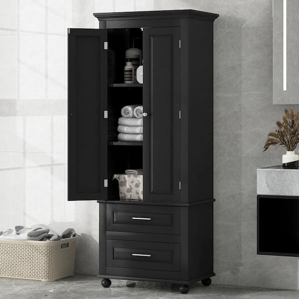 Tenleaf 24 in. W x 16 in. D x 63 in. H Black MDF Freestanding Linen Cabinet with Doors and Drawers, Adjustable Shelf