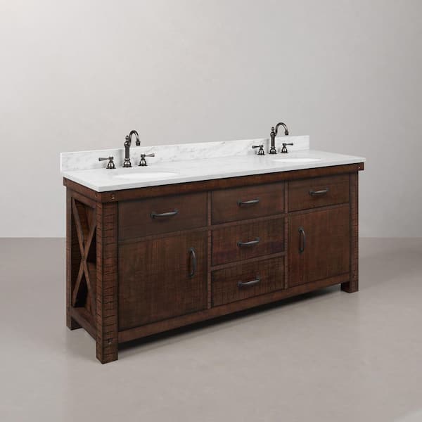 Aberdeen 72 in. W x 22 in. D Vanity in Rustic Sienna with Marble Vanity Top in White with White Basin and Faucet