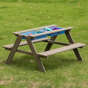 Kids Picnic Play Table Kit, Sandbox Table with Umbrella Hole and 2 Play Boxes with Removable Top, Gray