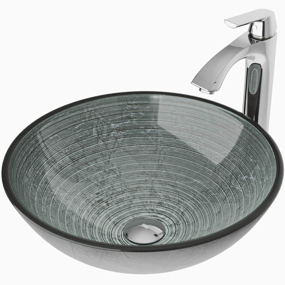 VIGO Glass Round Vessel Bathroom Sink in Silver with Linus Faucet and PopUp Drain in Chrome
