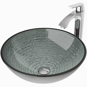 Glass Round Vessel Bathroom Sink in Silver with Linus Faucet and Pop-Up Drain in Chrome
