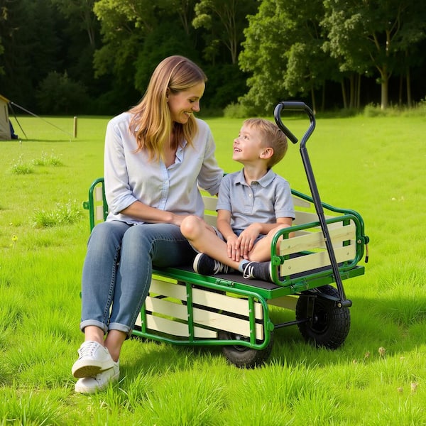 Pull-Along Wagon for Kids, 39 in. Toddler Wagons with Foldable Wooden Panel and Handle, 4.4 cu. ft. Metal Garden Cart