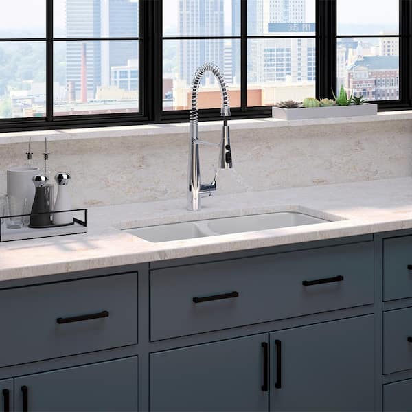 Brookfield Undermount Cast Iron 33 in. Double Bowl Kitchen Sink in White with Simplice Kitchen Faucet