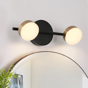 12.5 in. Modern 2-Light Black Integrated LED Bathroom Vanity Light, Brass Gold Wall Sconce with Round Shade