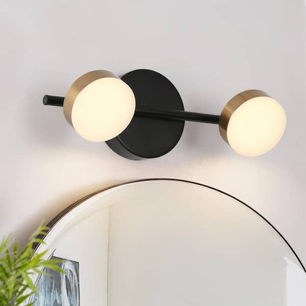Zevni 12.5 in. Modern 2-Light Black Integrated LED Bathroom Vanity Light, Brass Gold Wall Sconce with Round Shade