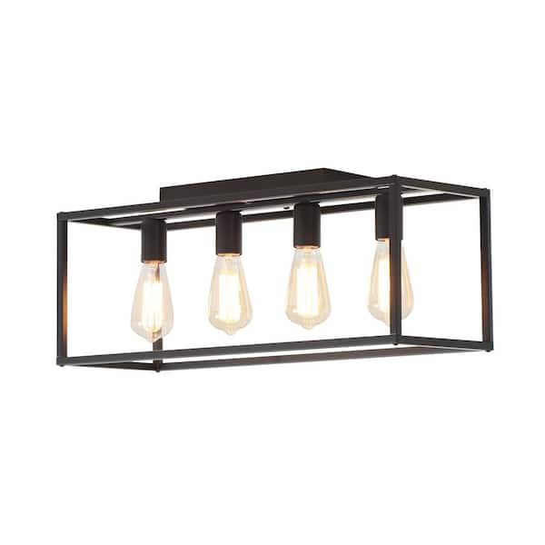 UMEILUCE 24 in. 4-Light Farmhouse Black Rectangle Cage Flush Mount with E26 Base for Bedroom Dining Room