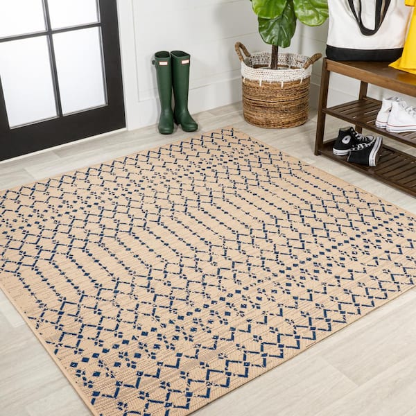 JONATHAN Y Ourika Moroccan Geometric Textured Weave Beige/Navy 5 ft. Square Indoor/Outdoor Area Rug