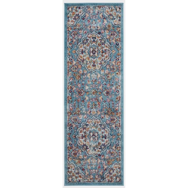 Amer Rugs Alexandria 2 ft. x 6 ft. Sea Blue Medallion Pattern Runner Rug for High Traffic Entryway Kitchen Hallway