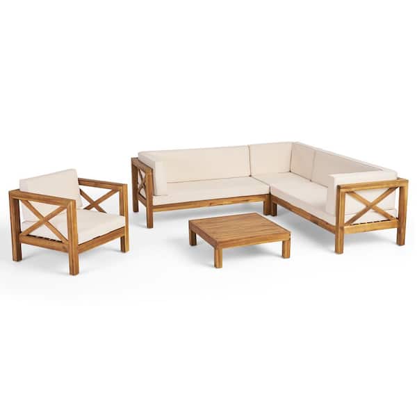 Brava Teak Brown 5-Piece Wood Outdoor Patio Conversation Sectional Seating Set with Beige Cushions