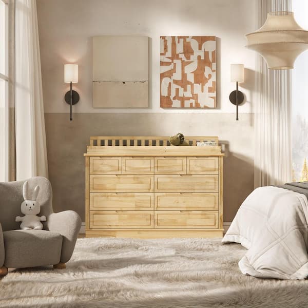 Homsee 55.1 in. W Natural 100% Solid Pine Wood Infant Changing Table with  Removable Safety Guard Rail 10-Drawer Nursery Dresser Z-HS330181-01