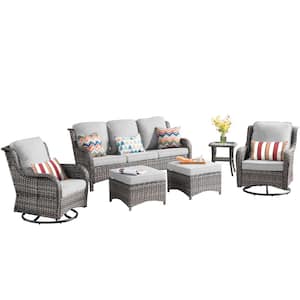 Maroon Lake Gray 6-Piece Wicker Patio Conversation Seating Sofa Set with Gray Cushions and Swivel Rocking Chairs