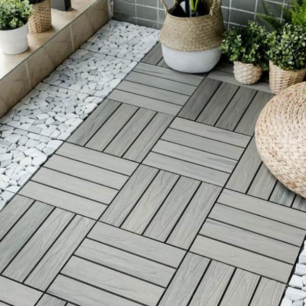 11.8 in. x 11.8 in. Outdoor Patio Light Gray Wood Plastic Waterproof Interlocking Composite Decking, 11-Pieces
