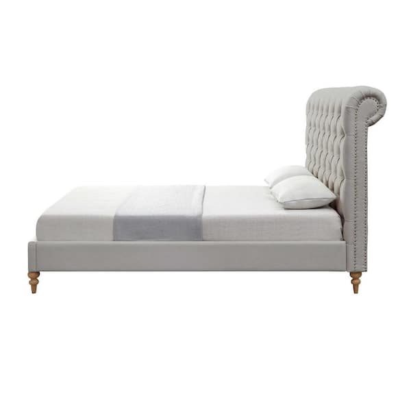 HomeRoots Gray Wood Frame King Panel Bed with Nail Head Trim; Upholstered