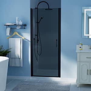 32-33 in. W x 72 in. H Pivot Frameless Swing Corner Shower Panel with Shower Door in Black with Smoke Gray Glass