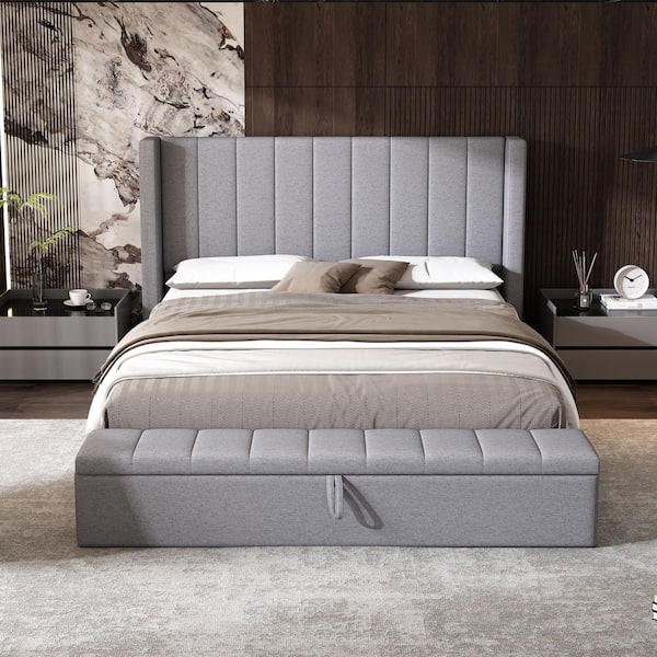 Gray Wood Frame Queen Platform Bed with Headboard, Upholstered and Storage for Bed Room