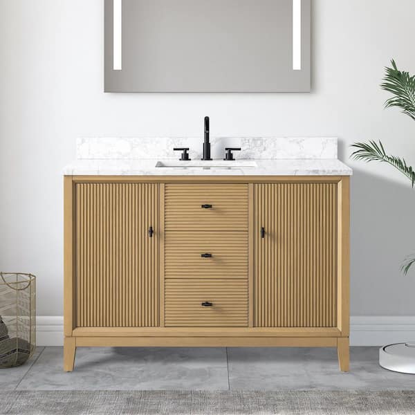 Vanity Art 48 in. W x 22 in. D Single Sink Freestanding Natural Oak Bath Vanity Cabinet with White Engineered Marble Top