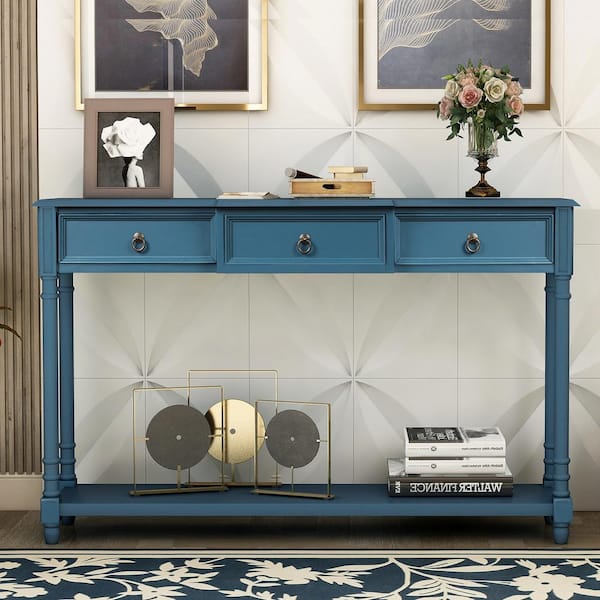 Polibi 51.57 in. Antique Navy Rectangle Shape Solid Wood Console Table with Projecting Drawers and Long Shelf