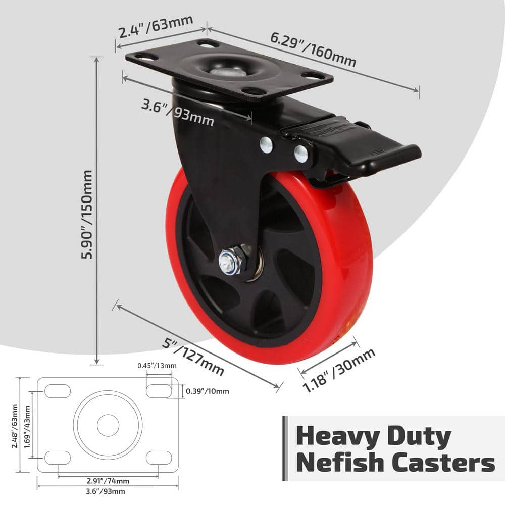Heavy Duty 5 Inch Red Polyurethane Swivel Caster Wheels with Brake