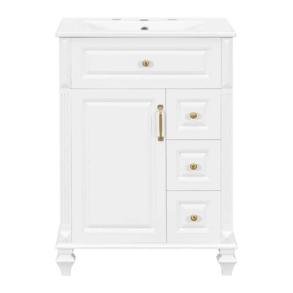 24-Inch White Bathroom Vanity with Sink,Flip-Out Drawer,3 Storage Drawers&Cabinet, Solid Wood and Ceramic Sink Top
